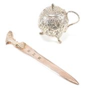 HALLMARKED FISH PAPER KNIFE & SILVER CONDIMENT POT
