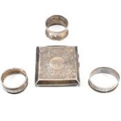 1920S HALLMARKED SILVER CIGARETTE CASE & NAPKIN RINGS