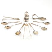 HALLMARKED SILVER SPOONS, CHRISTENING SET, TONGS & PEPPERETTE