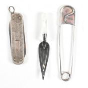 COLLECTION OF SILVERWARE, TROWEL BOOKMARK, PENKNIFE, PIN