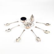 HALLMARKED SILVER CASED CONDIMENT SET & TEASPOONS