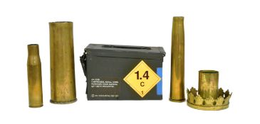 COLLECTION OF ARTILLERY SHELL CASES & CARTRIDGE AMMUNITION BOX