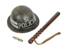 WWORLD WAR BRITISH HOME FRONT BRODIE HELMET TRUNCHEON & WHISTLE