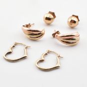 THREE PAIRS OF 9CT GOLD STUD & HOOP EARRINGS