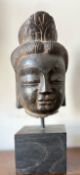 SMALL QING DYNASTY STONE CARVED HEAD OF BUDDHA 清石刻佛头连座