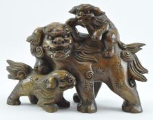 WOODEN CARVED FOO DOG & CUBS STATUE 民国黄杨木狮子和小狮雕刻