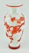 LATE QING TO REPUBLIC PEKING GLASS VASE 民初 白套红玻璃浮雕花鸟瓶