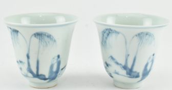 PAIR OF CHENGHUA MARK BLUE AND WHITE TEA CUP 成化款 青花人物杯一对