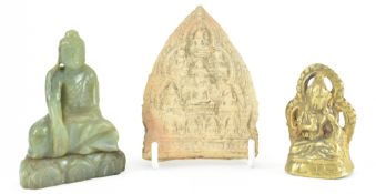 THREE BUDDHA STATUES & STELE IN JADE/ BRASS/ TERRACOTTA 佛像一组
