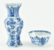 QING DYNASTY BLUE AND WHITE HEXAGONAL VASE AND A TEACUP