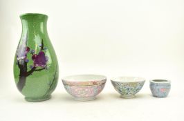 GREEN CRACKLE GLAZED CHINESE VASE & THREE EXPORT BOWLS
