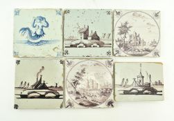 SIX 18TH C & LATER PUCE DELFT TILES OF TOPOGRAPHICAL SCENES