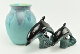 POOLE POTTERY - VINTAGE GLAZED VASE AND TWO DOLPHINS