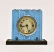 FRENCH ART DECO BLUE FROSTED GLASS BEDSIDE CLOCK