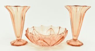THREE PIECES OF CZECH ART DECO GLASS IN ROSE PINK