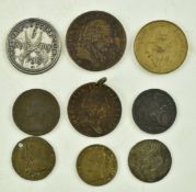 COLLECTION OF NINE 18TH C & LATER TOKENS AND A 1672 PENNY
