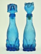 MID CENTURY EMPOLI STYLE BLUE GLASS CAT & DOG DECANTERS