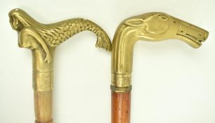 TWO VINTAGE 20TH CENTURY ANIMAL BRASS TOPPED WALKING STICKS