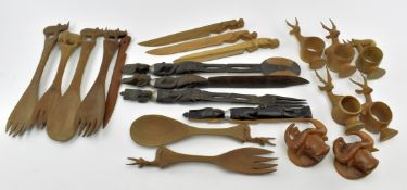 LARGE COLLECTION OF AFRICAN TRIBAL CARVED WOOD UTENSILS & MORE