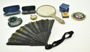 GROUP OF EIGHT VANITY ITEMS, MIRROR, FAN, PERFUME BOX ETC