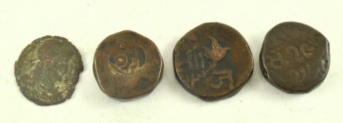 THREE BRONZE INDIAN COINS & AN ANCIENT ROMAN COIN