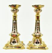 PAIR OF ROYAL CROWN DERBY IMARI 22 CARAT GOLD CANDLESTICKS