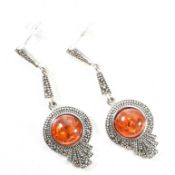 PAIR OF SILVER MARCASITE & AMBER PENDANT EARRINGS