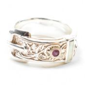 SILVER RUBY & SYNTHETIC OPAL BUCKLE RING