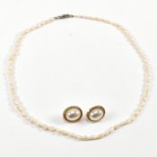 9CT GOLD & SIMULATED PEARL EARRINGS & SEED PEARL NECKLACE