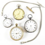 FOUR POCKET WATCHES & WHITE TONE METAL ALBERT CHAIN