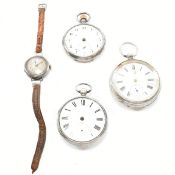 THREE HALLMARKED SILVER POCKET WATCHES AF & SILVER WRISTWATCH
