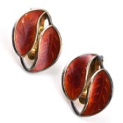 PAIR OF DAVID ANDERSEN SILVER & RED ENAMEL LEAF EAR CLIPS