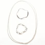 TWO SILVER BRACELETS & LONG SILVER CHAIN NECKLACE