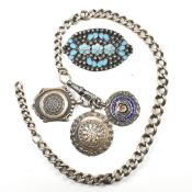 THREE HALLMARKED SILVER FOB MEDALS & SILVER BROOCH PIN