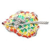 SILVER & MARCASITE PLIQUE-A-JOUR TOAD ON LEAF BROOCH PIN