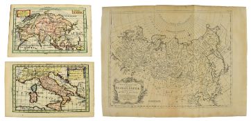 MAPS. TWO 18TH CENTURY MINIATURE HAND COLOURED MAPS & 1 OTHER