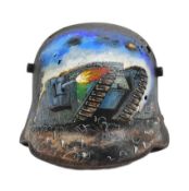 WWI FIRST WORLD WAR M16 HELMET WITH POST CAMBRAI TANK BATTLE ARTWORK
