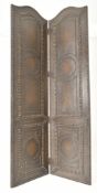 VINTAGE 20TH CENTURY LEATHER & MAHOGANY STUDDED SCREEN