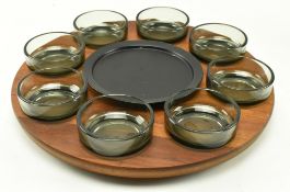 VINTAGE DANISH INSPIRED TEAK & GLASS LAZY SUSAN SERVING TRAY