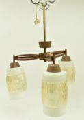 MID CENTURY TEAK FRAMED THREE ARM HANGING CHANDELIER