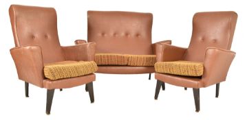 MID CENTURY FAUX TAN BROWN LEATHER SOFA SUITE