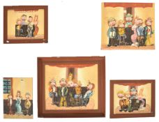 FIVE VINTAGE 20TH CENTURY 1977 CARICATURES PAINTINGS
