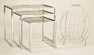 RETRO GLASS & CHROME METAL NEST OF TABLE T/W MAGAZINE RACK