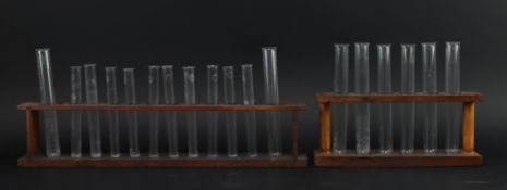 SCIENTIFIC INTEREST - TWO VINTAGE PYREX LAB TEST TUBES ON STANDS