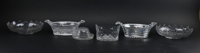 PAIR OF EARLY 19TH CENTURY CUT GLASS DISHES & IRISH BOWL