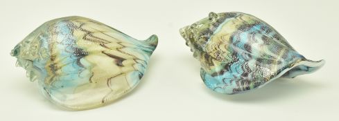 TWO MURANO STYLE BLUE AND BROWN CONCH SHELL CENTREPIECES