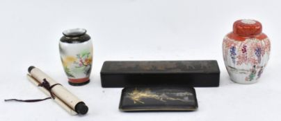 THREE JAPANESE PIECES - CIGARETTE BOX, PENCIL CASE & SCROLL