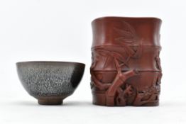 A 20TH CENTURY CHINESE ZISHA BRUSH POT AND A OIL SPOT TEA BOWL