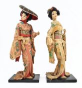 TWO JAPANESE VINTAGE GEISHA / MARRIAGE STUFFED DOLLS ON STANDS