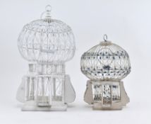 NEAR PAIR OF VINTAGE WHITE WIRE WORKED DECORATIVE BIRD CAGES